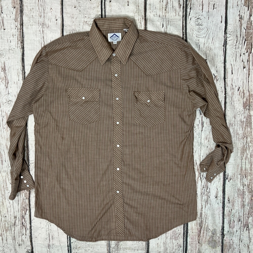 Vintage 80s Brown Striped Western Cowboy Rockabilly Pearl Snap Shirt Rodeo